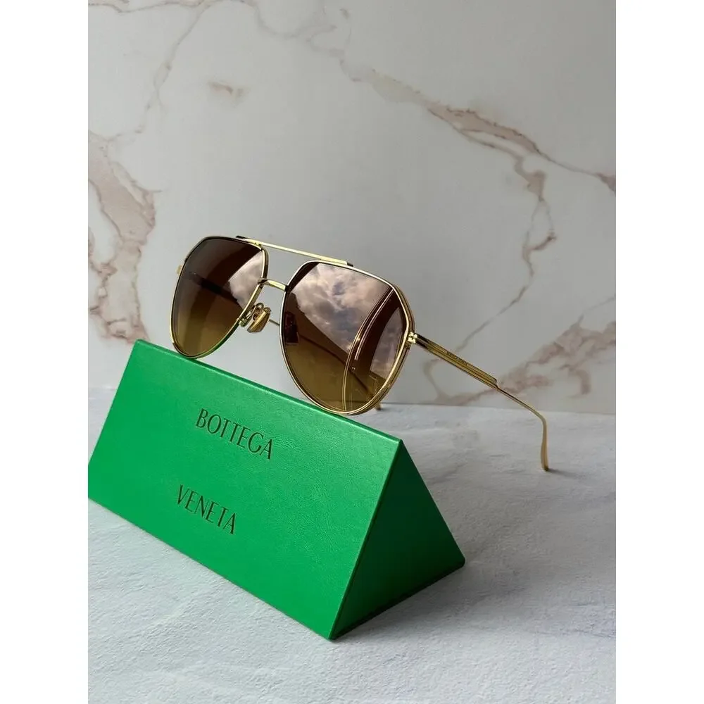 Bottega Veneta BV1465S Light Ribbon Aviator Gold Mirror Sunglasses